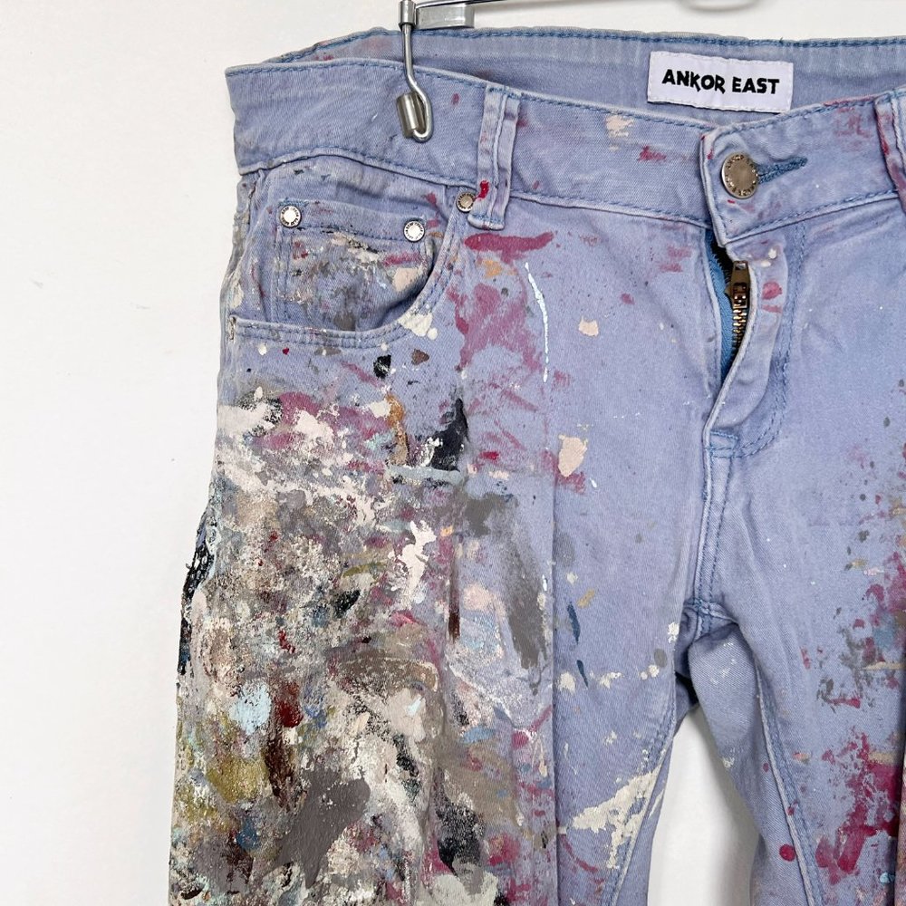Vintage Distressed Vibrant Periwinkle Paint Splatter Pants